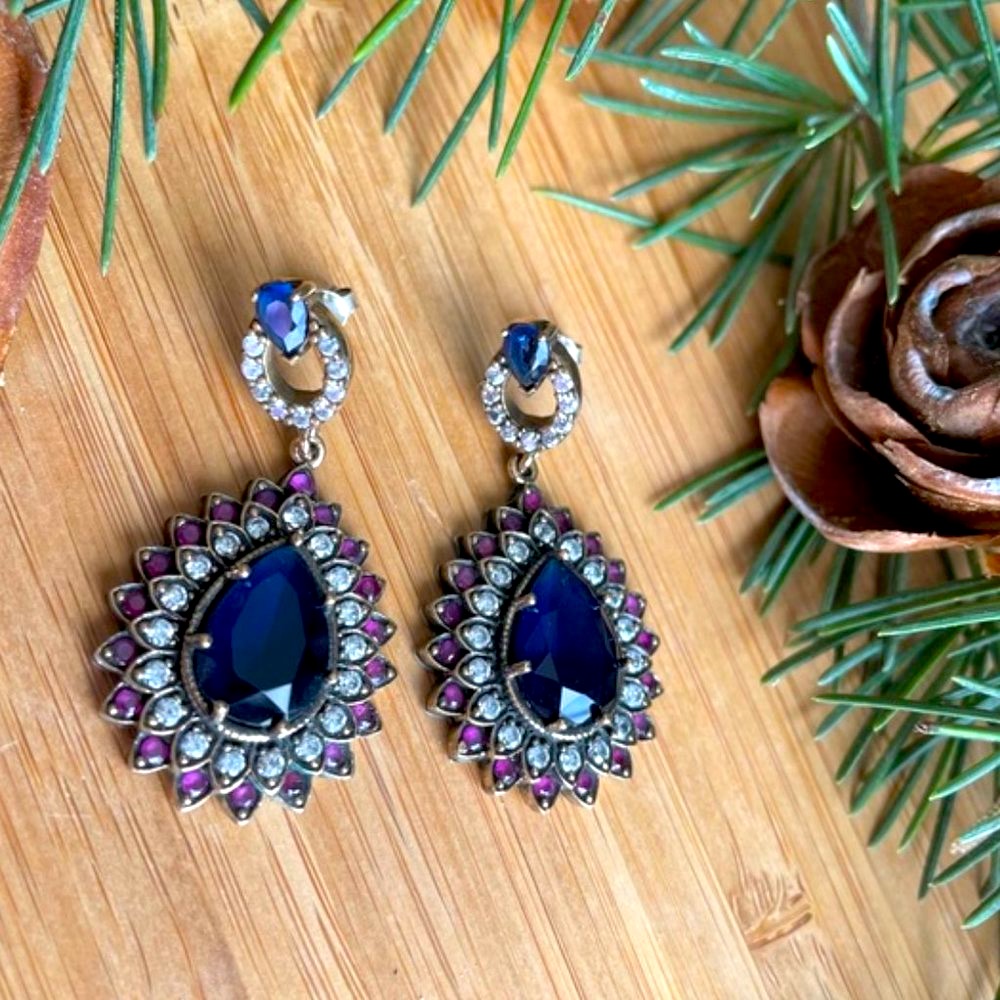 925 Sterling Silver, Sapphire & Topaz Drop Earrings